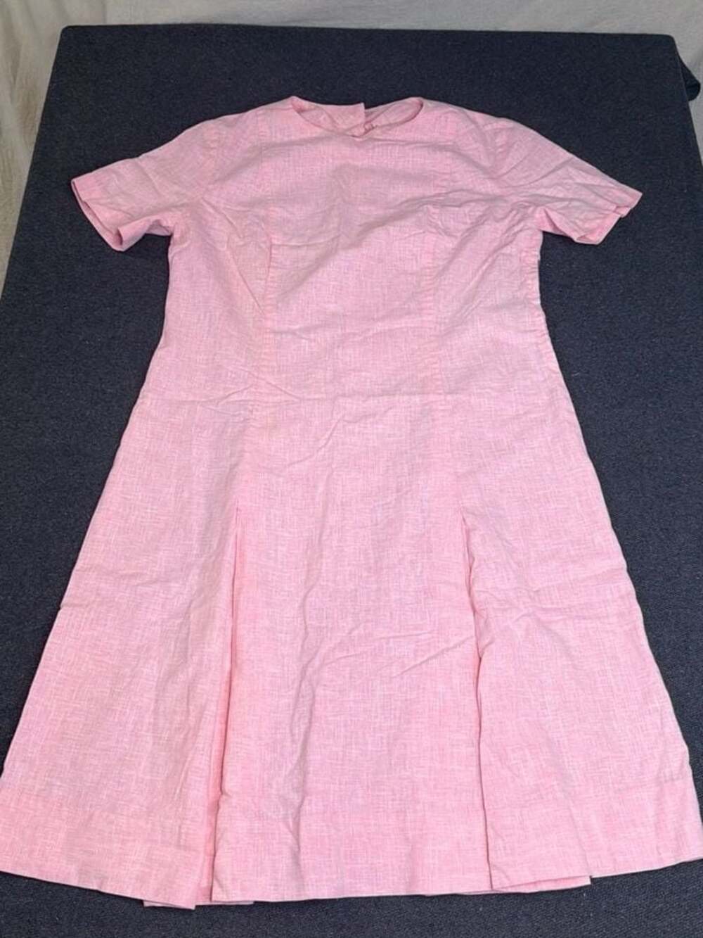 Vintage Style Pink Linen Blend Short Sleeve Pleated A-Line Dress